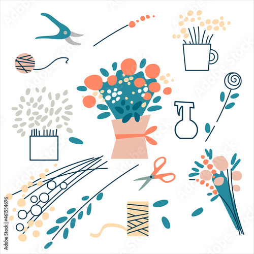Set of floristic elements for a florist. Isolated on white background. The set includes a bouquet, branches, flowers, ribbon, packaging, scissors, secateurs, sprayer. Flat pastel design, vector