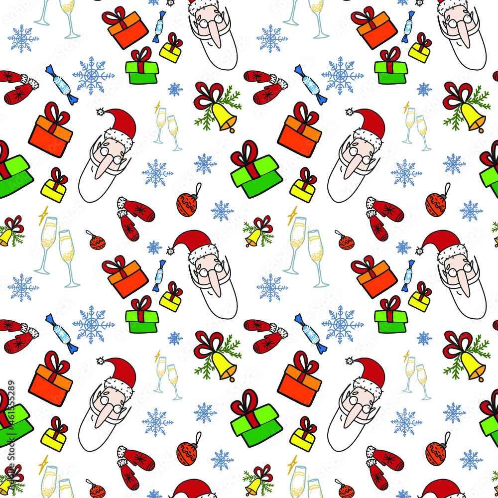 Funny Christmas and New Year doodle geometric seamless pattern on white Funny Christmas and New Year doodle geometric seamless pattern on white