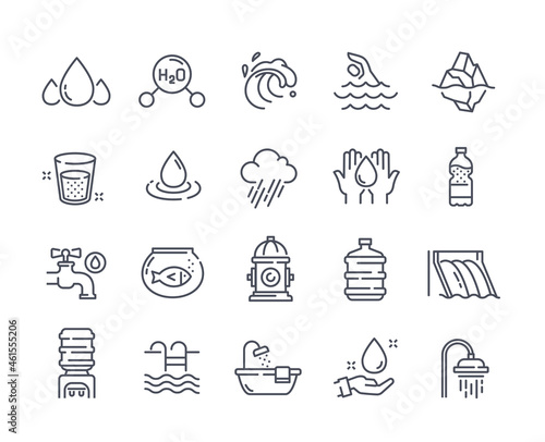 Simple water icons. Collection of minimalistic stickers with shower, bottle, aquarium and cooler. Design elements for websites and applications. Cartoon flat vector set isolated on white background