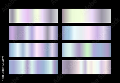 Holographic, silver foil texture background. Vector graphic iridescent neon patterns set . Silver hologram metalic gradient  vector pattern. set  