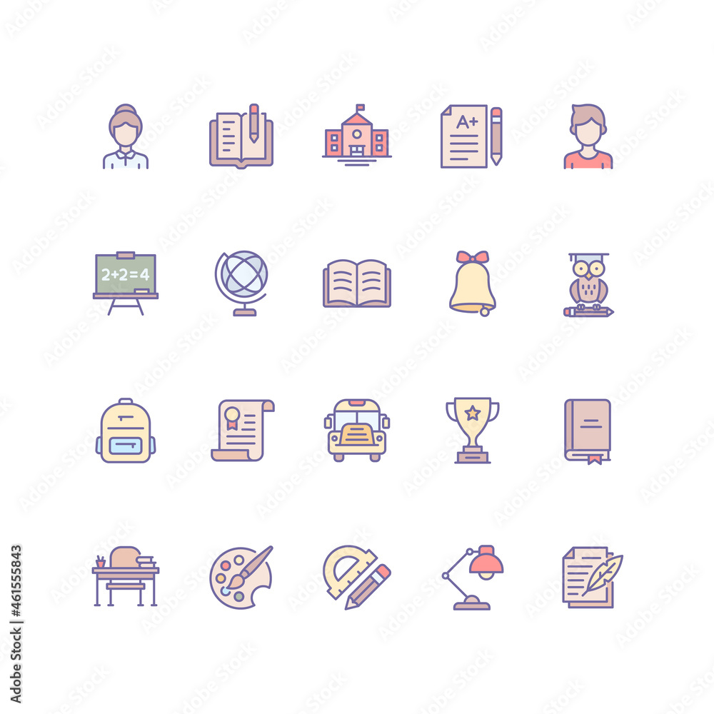 Set of education icons in filled outline style. Set of education icons in filled outline style.
