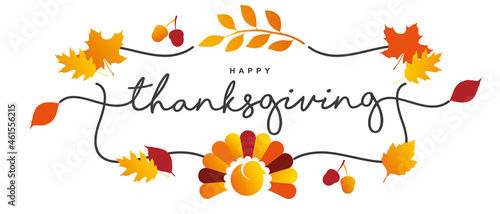 Happy Thanksgiving handwritten line design typography calligraphy vintage frame with turkey logo icon autumn coloured leafs isolated on white background