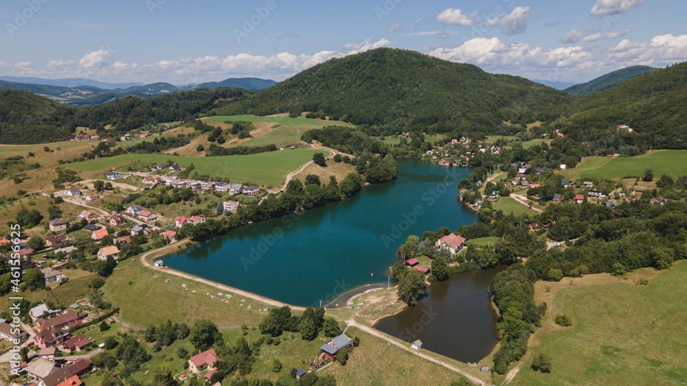 Aerial view of a lake in the village of Bansky Studenec in Slovakia