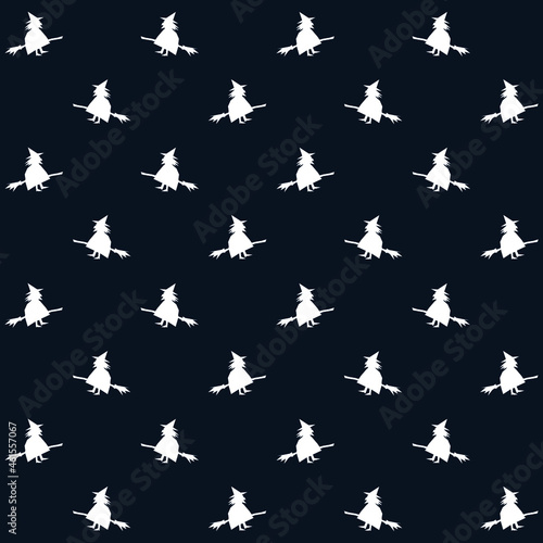 Seamless pattern. White silhouettes on a dark background. A witch on a broom. Halloween. Scrapbooking. Wrapper