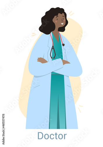 Doctor woman concept. Character in medical gown with stethoscope. Female diagnoses diseases and treats patients. Favorite profession. Cartoon flat vector illustration isolated on white background