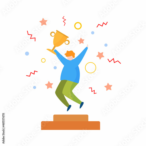 Winner team with business trophy. Happy employees winning on training and coaching competition. Vector flat style cartoon illustration isolated on white background.