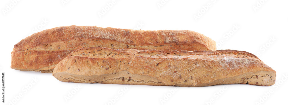 Tasty buckwheat baguettes on white background. Fresh bread