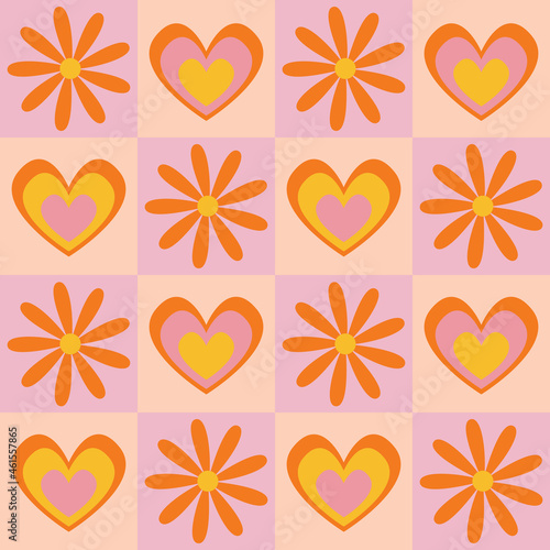 Bold, pink yellow and orange seamless vector pattern. 1970's groovy design with geometric tiled flowers and hearts. Seventies style, retro, psychedelic, floral background wallpaper texture print. 