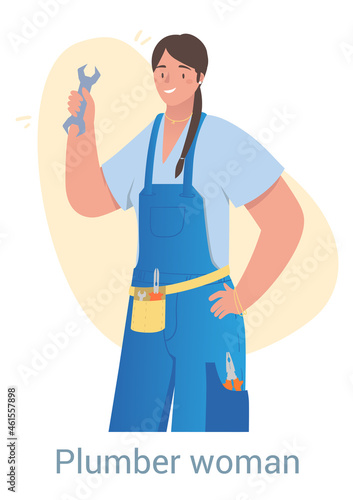 Fototapeta Naklejka Na Ścianę i Meble -  Woman plumber. Female character performs difficult work, repairs pipes, cranes and equipment. Girl with tools for repair and improvement. Cartoon flat vector illustration isolated on white background