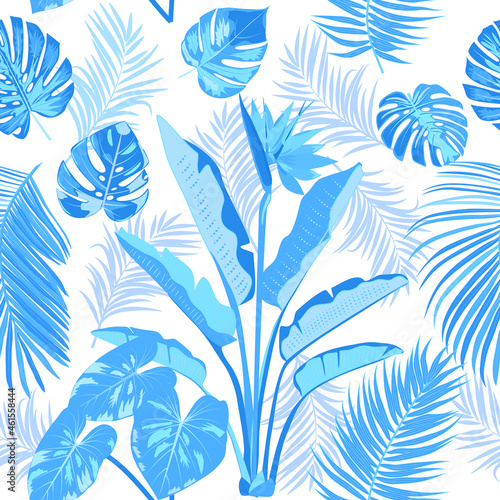Tropical vector seamless pattern with blue leaves of palm tree and flowers