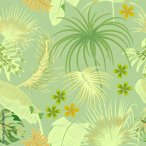 Green seamless vector pattern with tropical  palm leaves  monstera and flowers