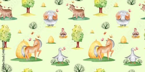 Fototapeta Naklejka Na Ścianę i Meble -  watercolor seamless pattern brown rocking horse on a field with yellow haystacks and green trees