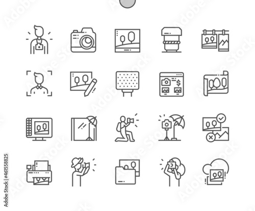 Photographer. Profession and hobby. Photo editing. Camera and equipment. Pixel Perfect Vector Thin Line Icons. Simple Minimal Pictogram