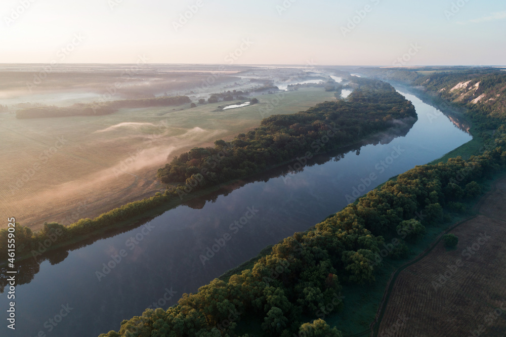 Aerial view of the Don River in the fog, beautiful natural landscape. Russia Aerial view of the Don River in the fog, beautiful natural landscape. Russia