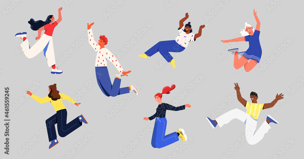Happy free people flying concept. Men and women jump in air. Characters strive for goal and develop. Smiling person in various poses. Cartoon flat vector collection isolated on gray background