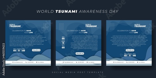 Set of social media post template with blue background design. World Tsunami Awareness Day template design.