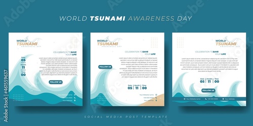 Set of social media post template with tsunami waves design on white background. World Tsunami Awareness Day template design.