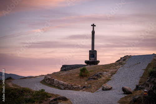 Cross monument at sunset in Xertelo in Geres National Park, in Portugal