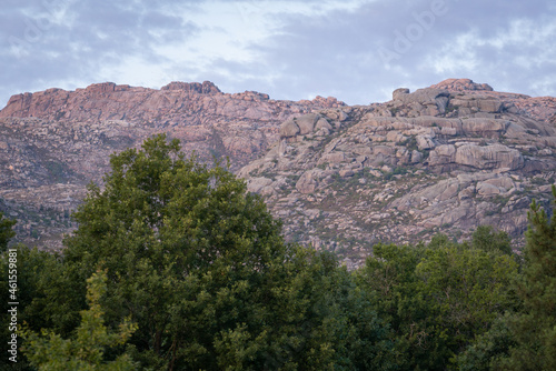 Mountains at sunset blue hour in Geres National Park with trees on the foreground, in Portugal