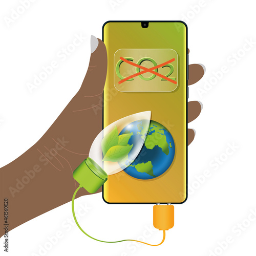 Umweltkonzept: Hand hält Handy mit Glühbirne und durchgestrichenen CO2.