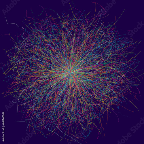 Abstract background with color lines. Energy burst effect. Chaotic particles connection.