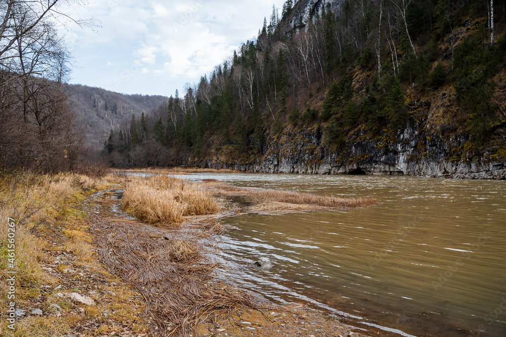 View of the river by the rocks, on which green pines and spruces grow densely. Autumn landscape in the mountains, the onset of cold weather. View of the river by the rocks, on which green pines and spruces grow densely. Autumn landscape in the mountains, the onset of cold weather.