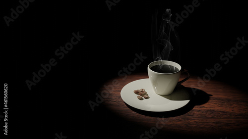 A coffee cup and coffee beans on a white porcelain saucer that is laying on a wooden table (3D Rendering)