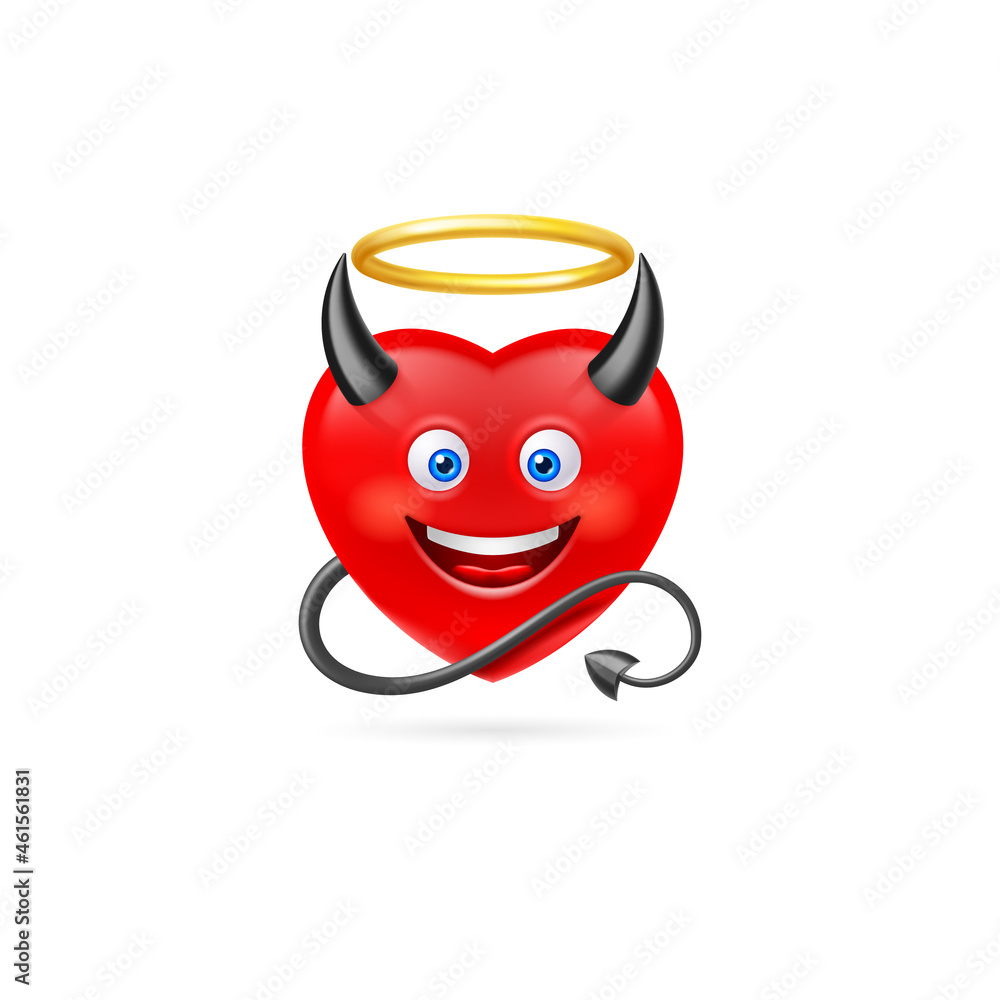 Red Heart Character with Black Horns, Devil Tail and Golden Nimbus. Cute Cartoon Style Illustration. Romantic Love Lovesickness Symbol. St Valentine Greeting Card Decor, or Marriage Anniversary Red Heart Character with Black Horns, Devil Tail and Golden Nimbus. Cute Cartoon Style Illustration. Romantic Love Lovesickness Symbol. St Valentine Greeting Card Decor, or Marriage Anniversary