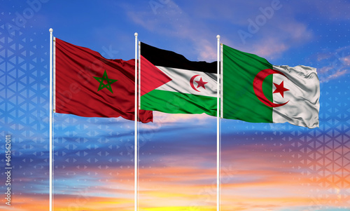 The flag of Morocco, Algeria and the Polisario. Moroccan Sahara conflict.