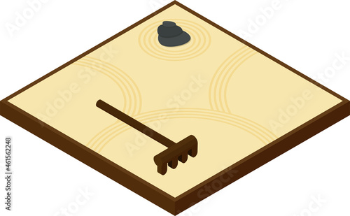 Japanese table mini zen garden with sand, stones and wooden rake. Isometric vector illustration isolated on white background.