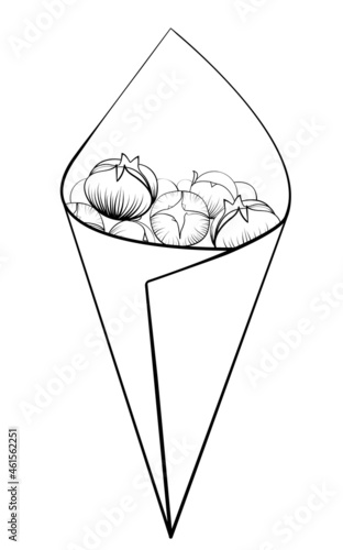 Roasted chestnuts in paper bag black line monochrome vector illustration isolated on white.