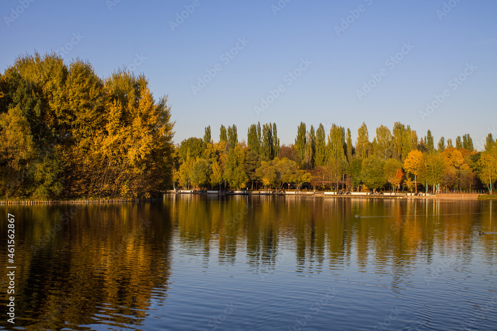 Bright colorful autumn trees with golden foliage on the shore of the pond and reflection on a clear day in Izmailovsky park and a space for copying