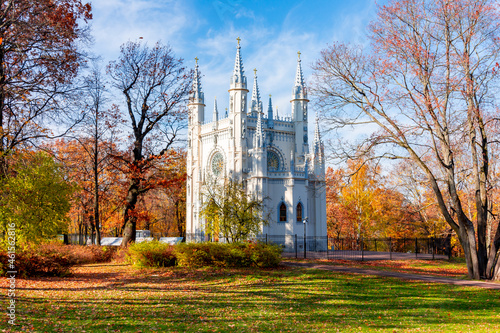 фотографія Gothic chapel in Alexandria park in autumn, Saint Petersburg, Russia