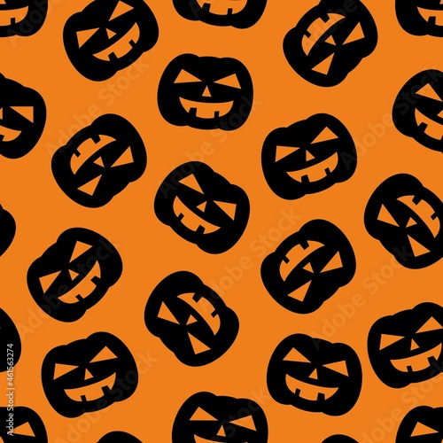 Halloween tile vector pattern with black pumpkin on orange background