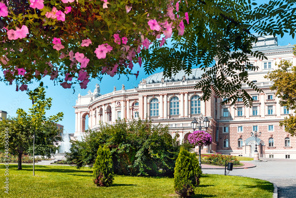 Beautiful flowers in front of the Odessa Opera and Ballet Theater
