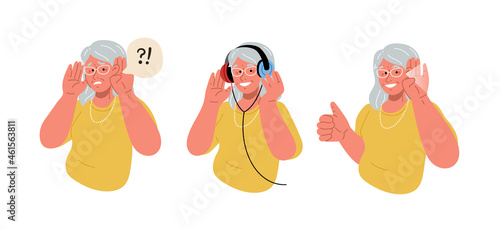 The elderly woman is deaf.Old lady does a hearing test.Vector flat illustration.