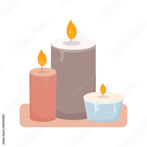 Burning paraffin wax aromatic scented candles. Aromatherapy and relaxation for spa. Cute home decoration, hygge, holidays, salon, romantic, mystical design element. Flat cartoon vector illustration