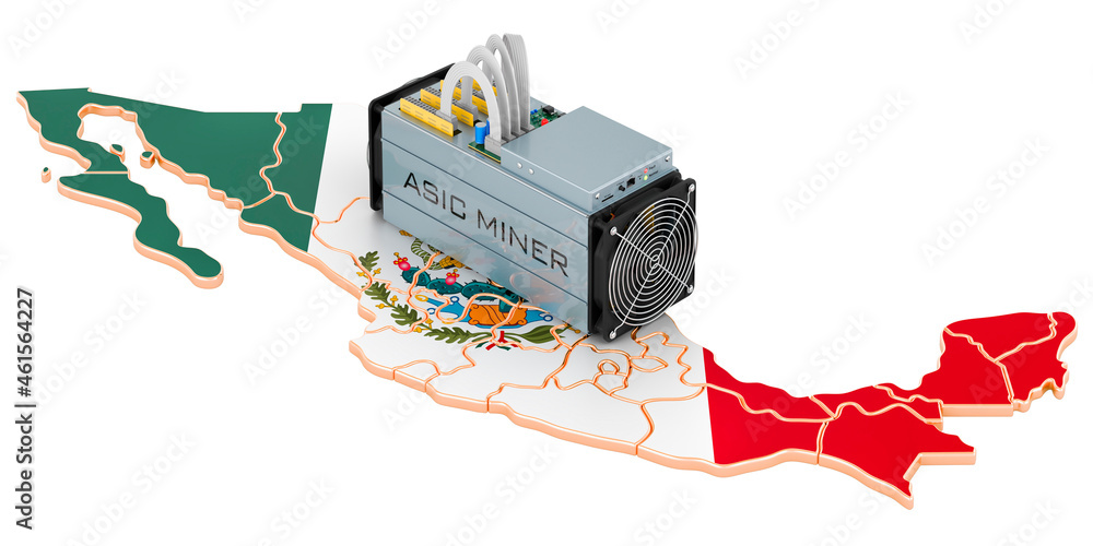 Mining in Mexico, concept. ASIC miner with Mexican map. 3D rendering ...