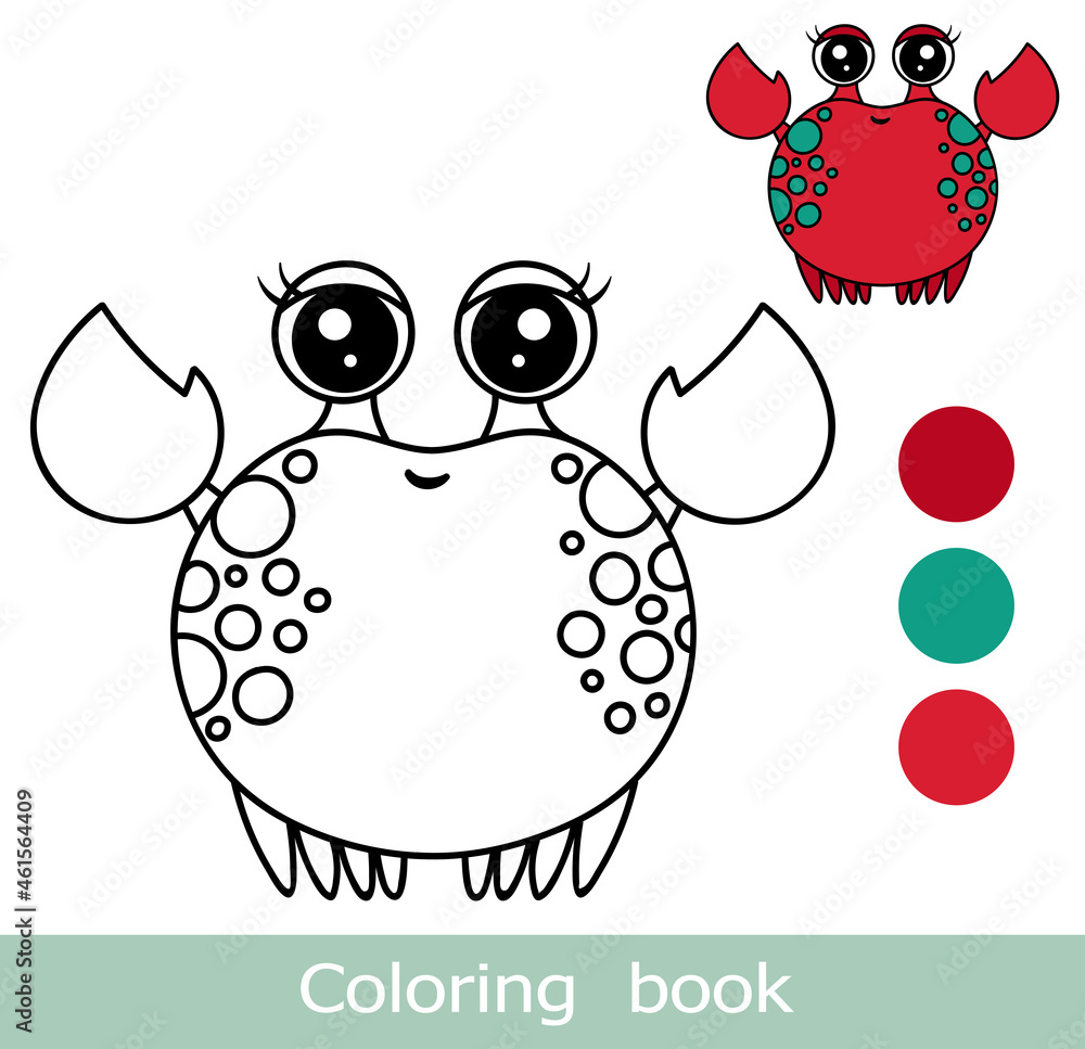Cartoon crab coloring book page with colorful template. Cute crab ...
