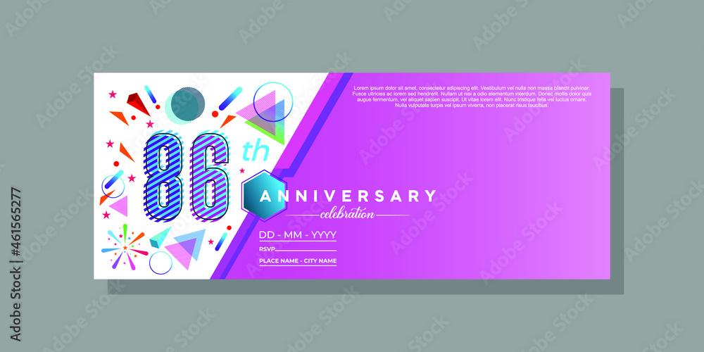 86th anniversary, anniversary celebration vector design on colorful geometric background and circle shape.