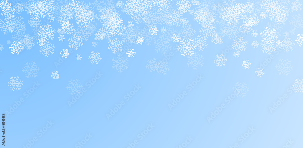 Snowflakes. Winter blue sky vector illustration. Holiday background with falling snow for Christmas and New Year banners