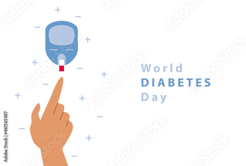 World Diabetes Day. Glucose meter and hand. Blood drop. Symbol of diabetic and fight against diabetes. Medical flat illustration. Health care. Control your blood sugar