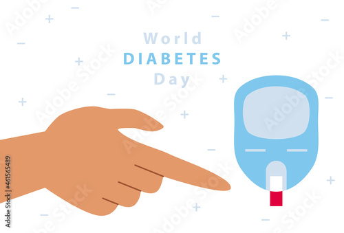 World Diabetes Day. Glucose meter and hand. Blood drop. Symbol of diabetic and fight against diabetes. Medical flat illustration. Health care. Control your blood sugar