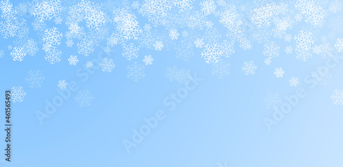 Snowflakes. Winter blue sky vector illustration. Holiday background with falling snow for Christmas and New Year banners
