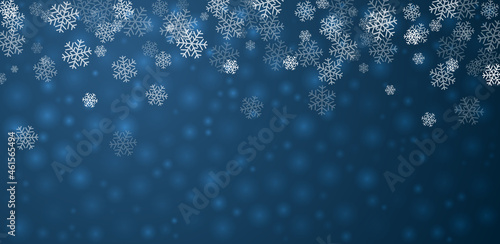 Snowflakes. Winter blue sky vector illustration. Holiday background with falling snow for Christmas and New Year banners