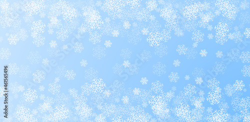 Snowflakes. Winter blue sky vector illustration. Holiday background with falling snow for Christmas and New Year banners
