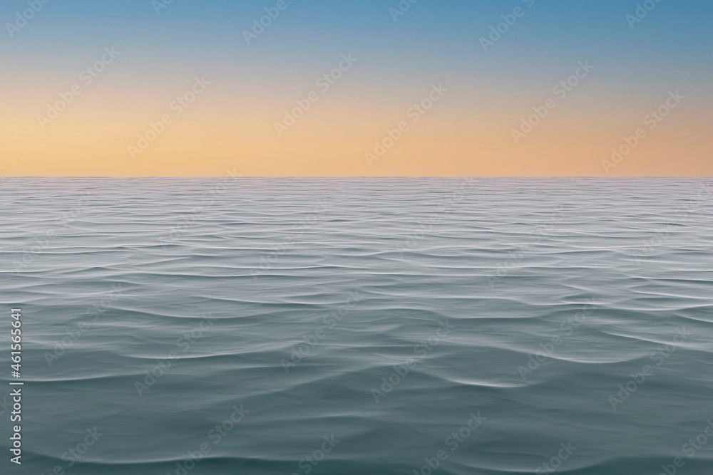 View of tranquil ocean waves in sunset or sunrise with setting or rising sun in the horizon. Image with copy space to use for background.