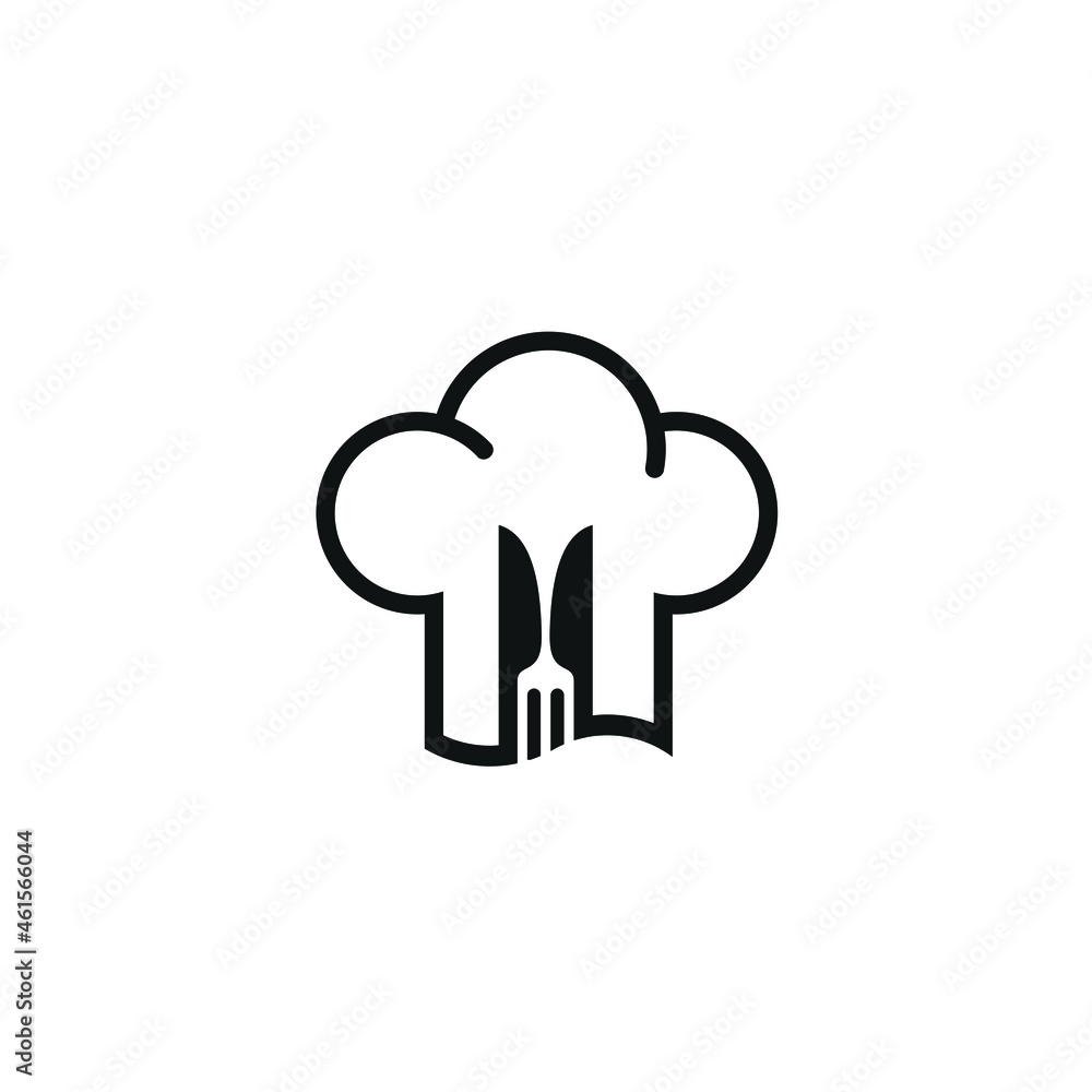 Chef's Cooker Hat Logo Design Template, Fork and Knife Concept with Cloud Bubble Style Chef's Cooker Hat Logo Design Template, Fork and Knife Concept with Cloud Bubble Style