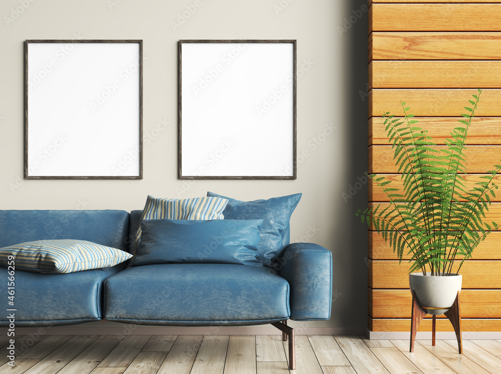 Interior design of modern living room with blue sofa, mockup frames on the wall, wooden panelling. Home design. 3d rendering - obrazy, fototapety, plakaty 