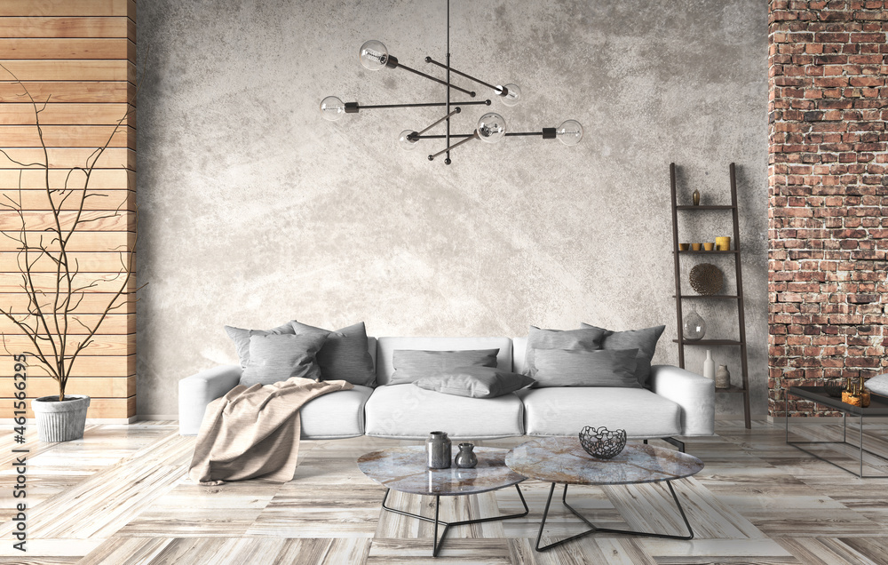 Interior design of modern industrial living room with brick wall and